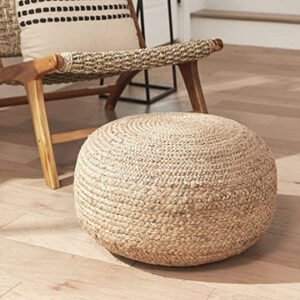 Round Braided Natural Jute Woven Pouf Ottoman, 19″ x 10″