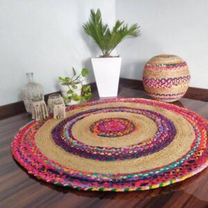 Jute Indoor Rugs With Beige and Multicolor Strips – 90 CM