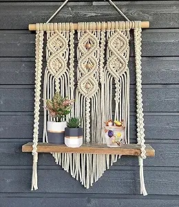 GUL DECOR Macrame Wall Hanging Shelf, Decorative Handmade Floating Wooden Shelve, Hand Woven Items for Living Room Bed Room, Gift Item Kitchen, Size 12 x 5 x 24 Inch,Off White, 1-Pcs, GD-12