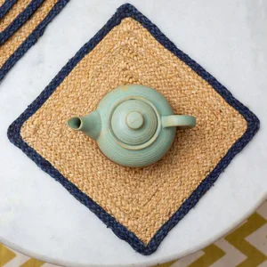 Natural Jute Beige and Blue Square Shape Placemats / table mats / Dinning mat ( Set of 6 )