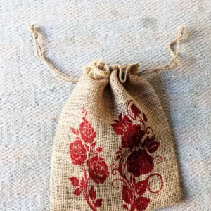 Jute Gift Potli Pouch with Red Flower Print